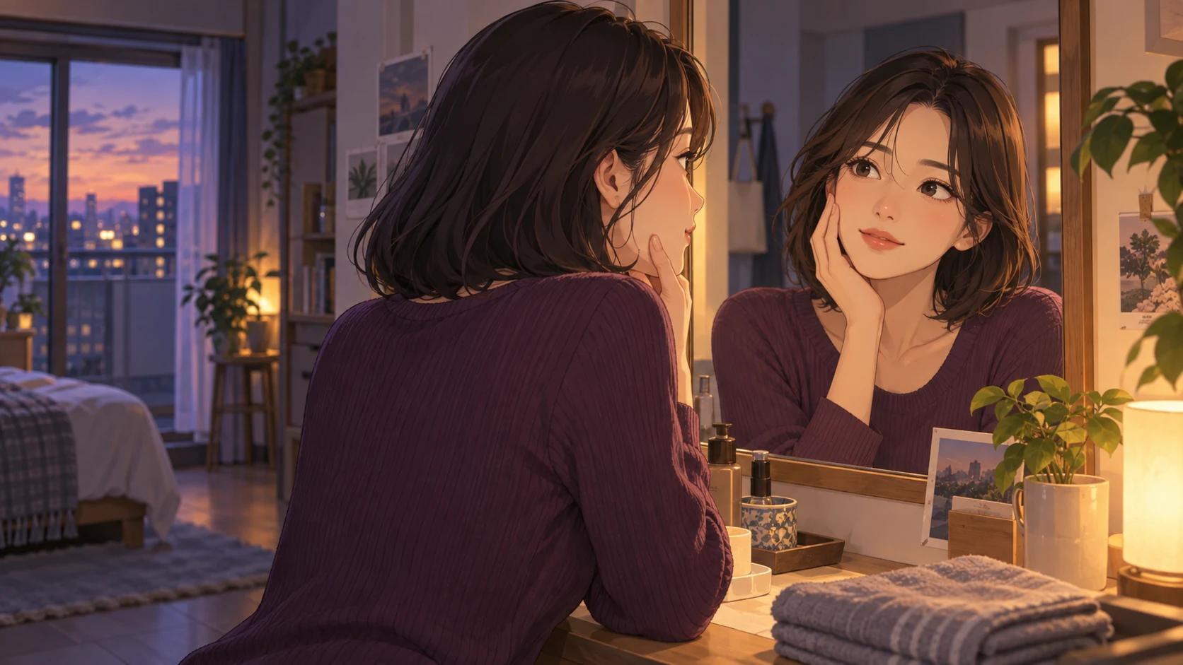 평범한 방의 거울 앞에서 자신의 표정을 살펴보는 성인 여성의 애니메이션풍 그림