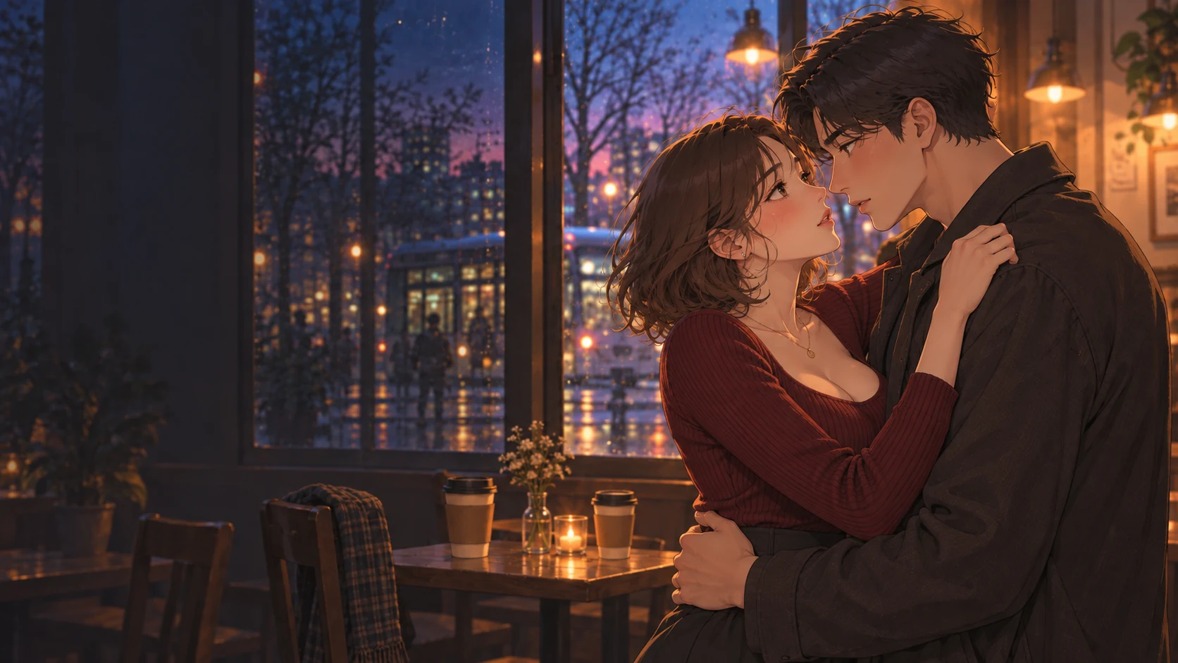 저녁의 동네 카페에서 서로를 껴안고 입술이 닿기 직전인 성인 두 사람의 애니메이션풍 그림